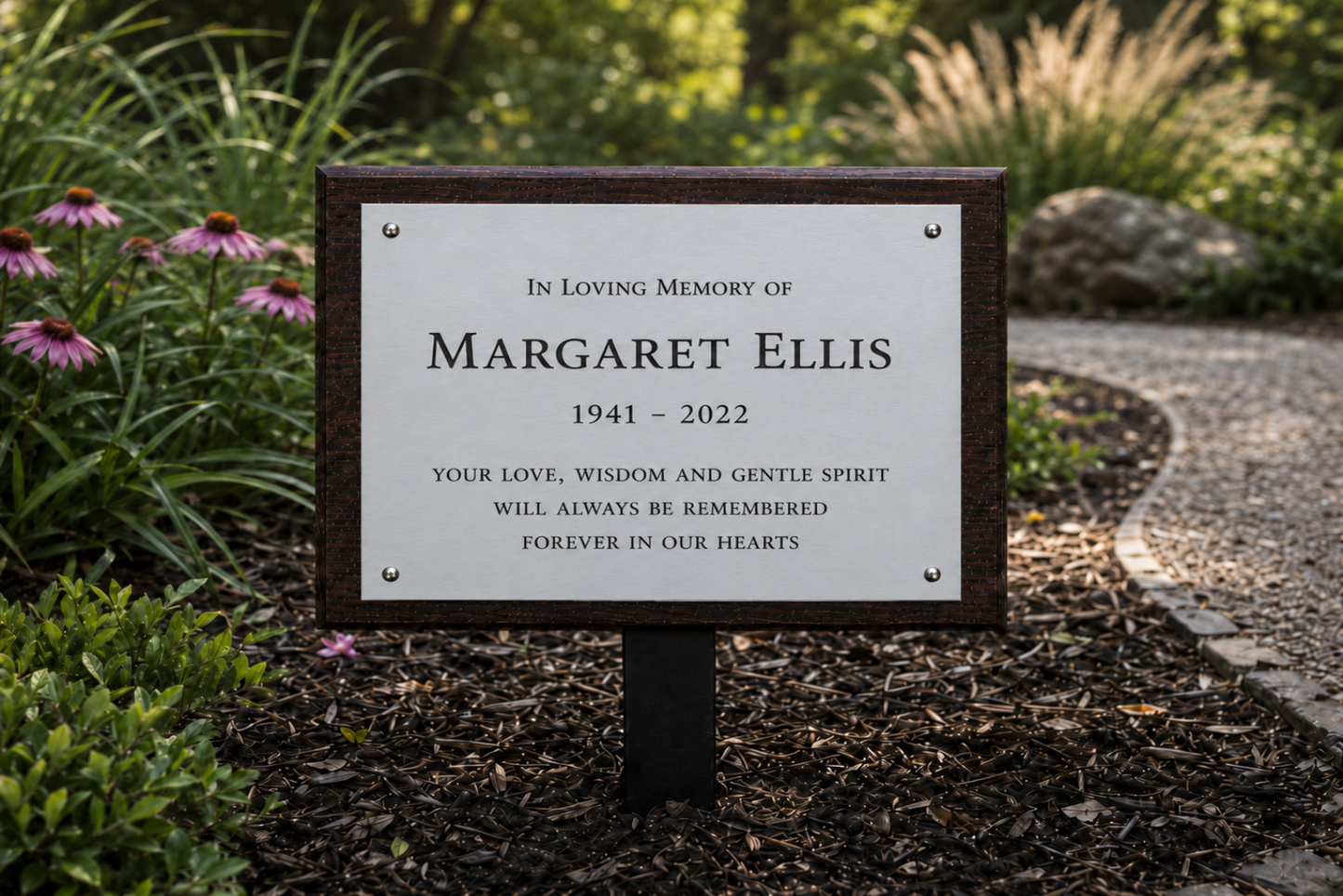 Personalised engraved aluminium tree plaque with wooden backing and ground stake