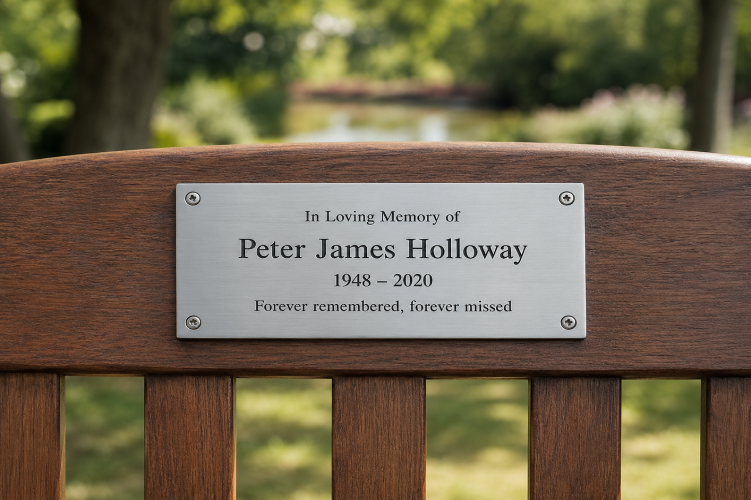 Personalised engraved aluminium bench plaque with lightweight durable finish