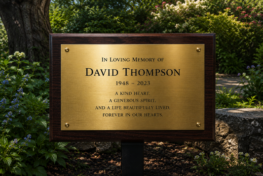 Personalised engraved brass tree plaque with wooden backing and ground stake