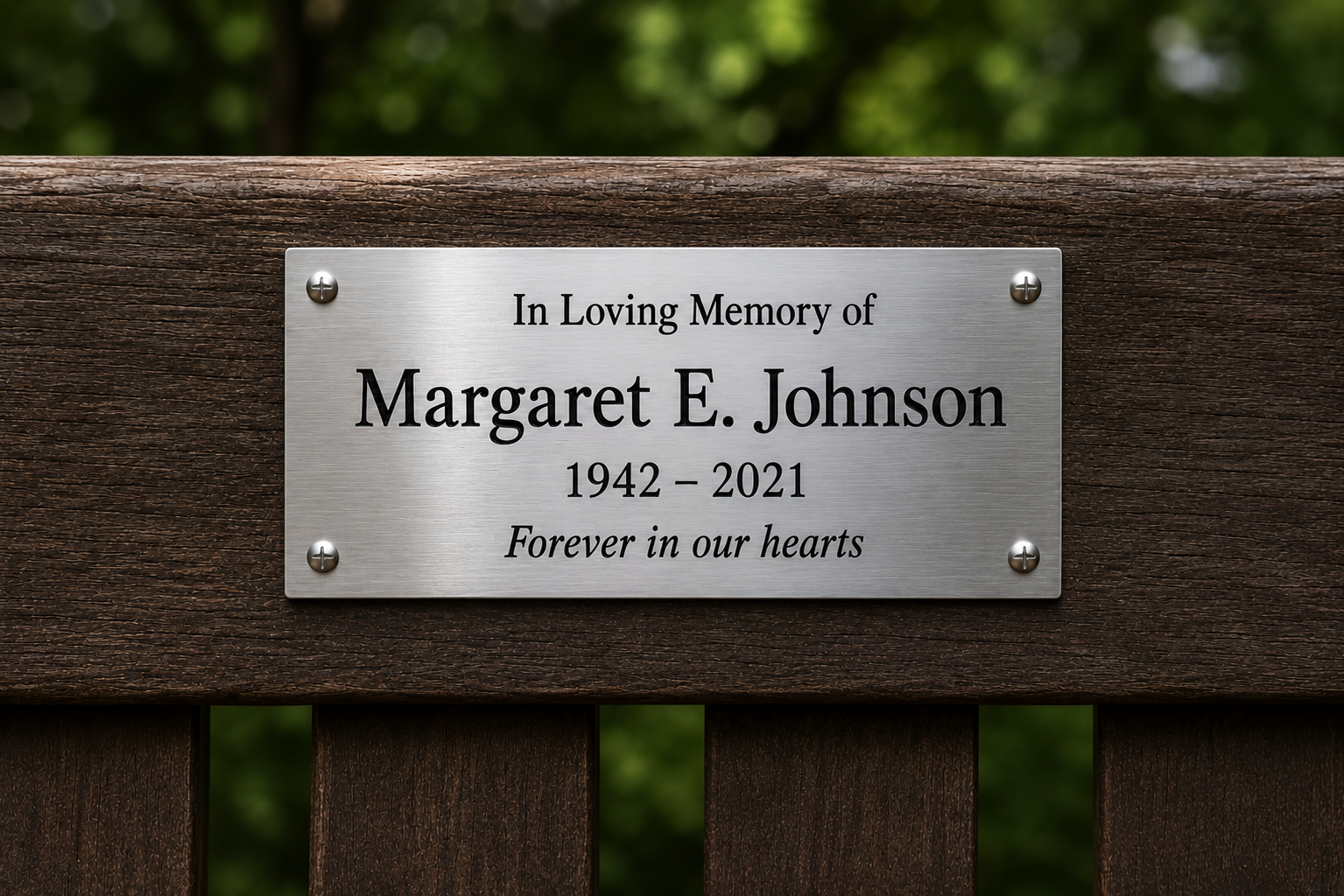 Personalised engraved 316L stainless steel bench plaque with corrosion-resistant finish
