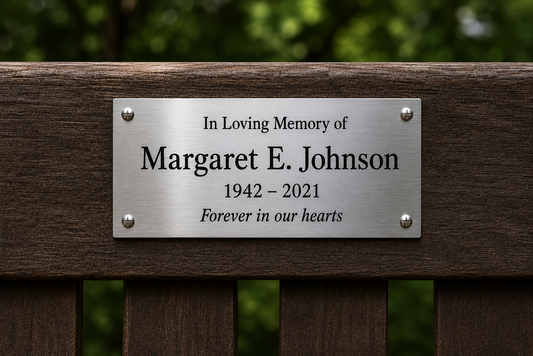 Personalised engraved 316L stainless steel bench plaque with corrosion-resistant finish