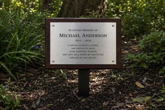 Personalised engraved 316L stainless steel tree plaque with wooden backing and stake